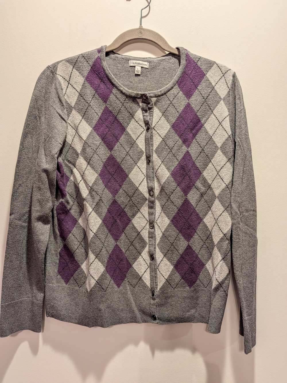 croft & barrow Gray, Purple and White Argyle Button-Front Cardigan Large
